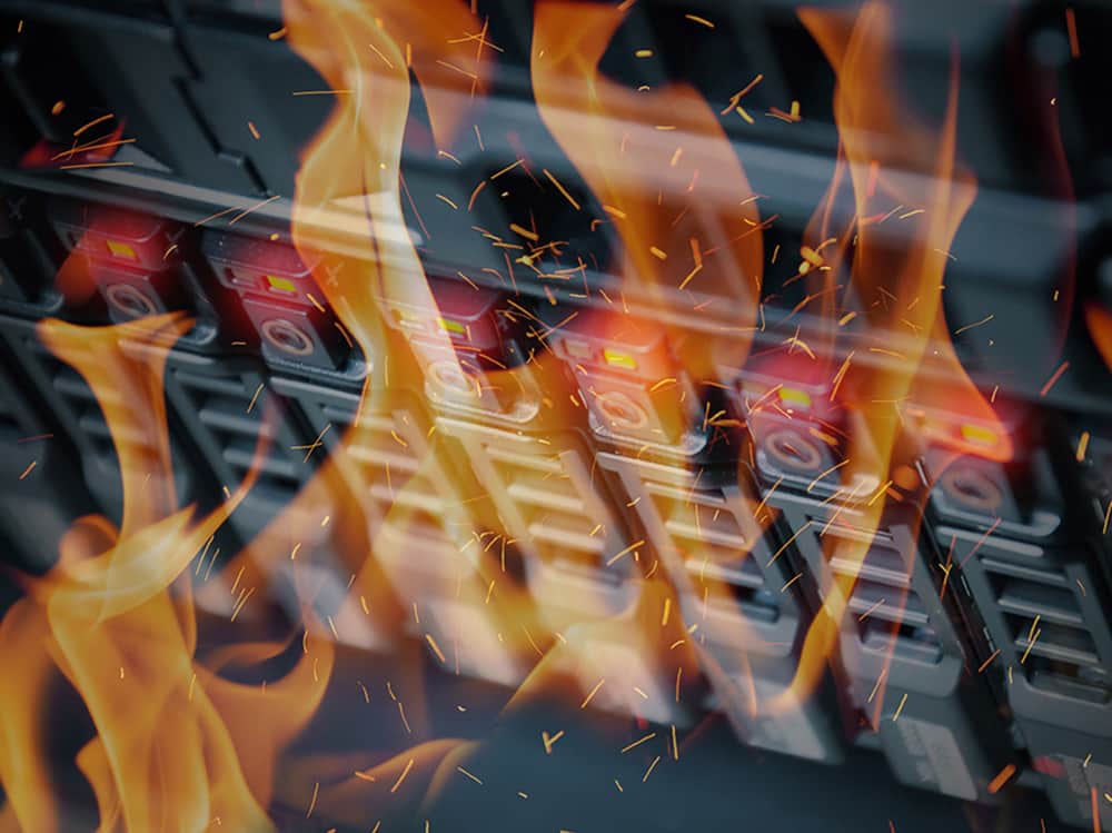 Disaster in data center room server and storage on fire burning