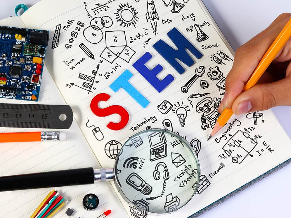 STEM education. Science Technology Engineering Mathematics. STEM concept with drawing background. Magnifying glass over education background.