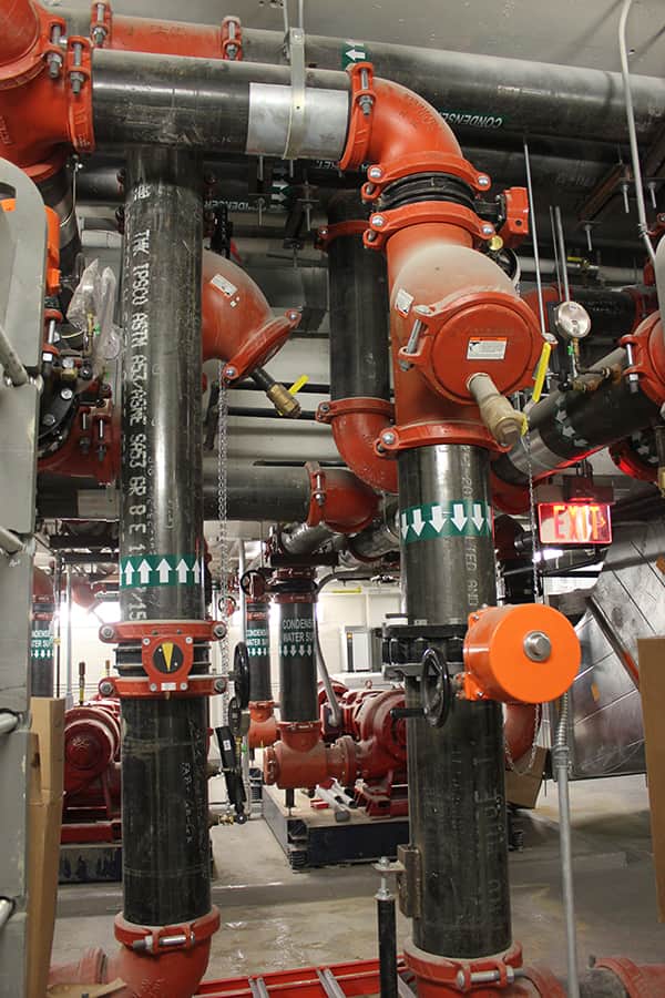 Rental residence mechanical room build featuring Victaulic couplings, fittings, pump drops, and more. 