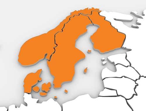 An abstract 3d illustrated map of the country of Sweden in the northern region of the continent of Europe surrounded by the nations Denmark, Finland and Norway