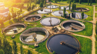 Aerial view of wastewater treatment plant. Represents Victaulic’s products work for the wastewater treatment industry