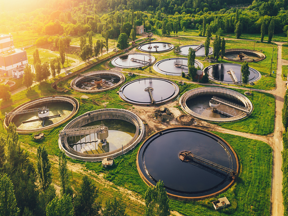 Aerial view of wastewater treatment plant. Represents Victaulic’s products work for the wastewater treatment industry