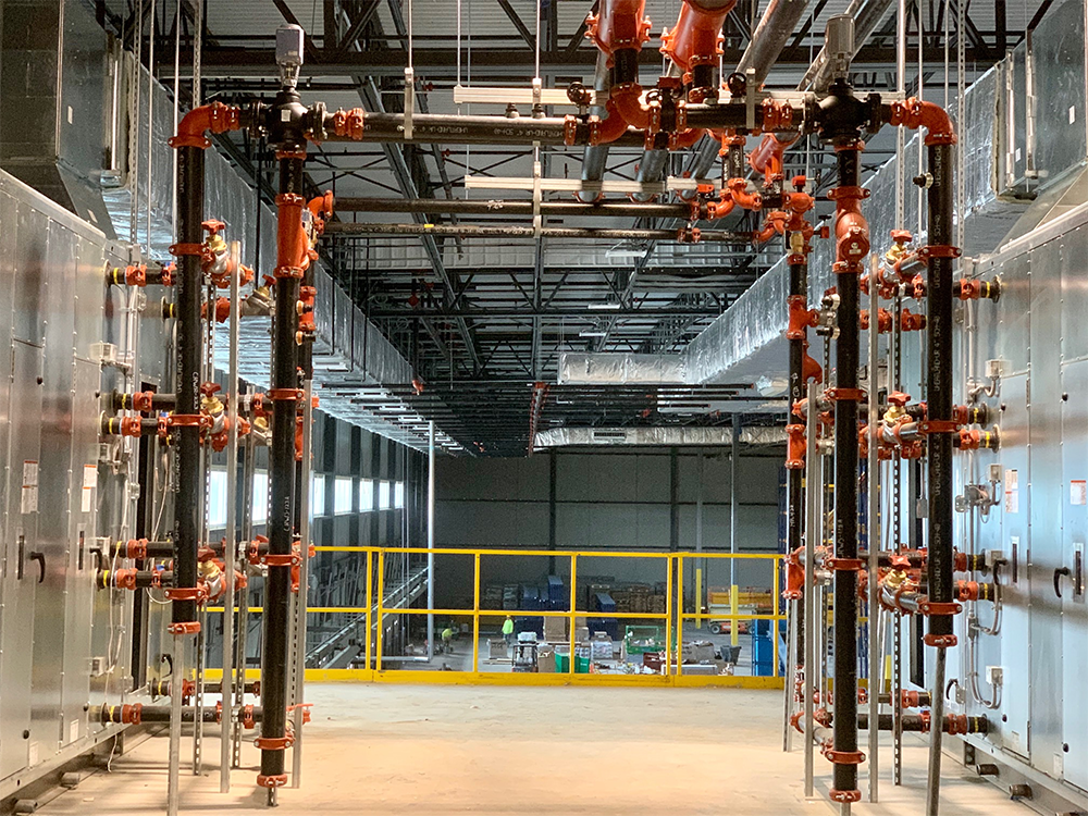Victaulic Vibration Isolation Air Handling Unit (AHU) Drop installation at a Sweetwater Inc. warehouse