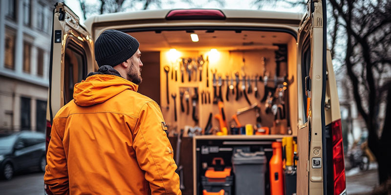 Man standing front van back door open He An electrician next