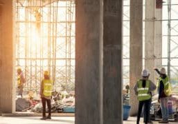 Construction engineers supervising progress of construction project
