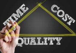 Man's hand drawing a yellow triangle with a word in white writing on each side - "Time, Cost, Quality"
